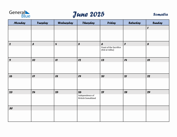 June 2025 Calendar with Holidays in Somalia