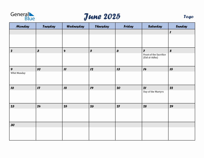 June 2025 Calendar with Holidays in Togo
