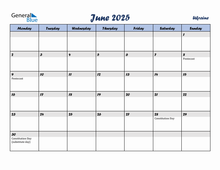 June 2025 Calendar with Holidays in Ukraine