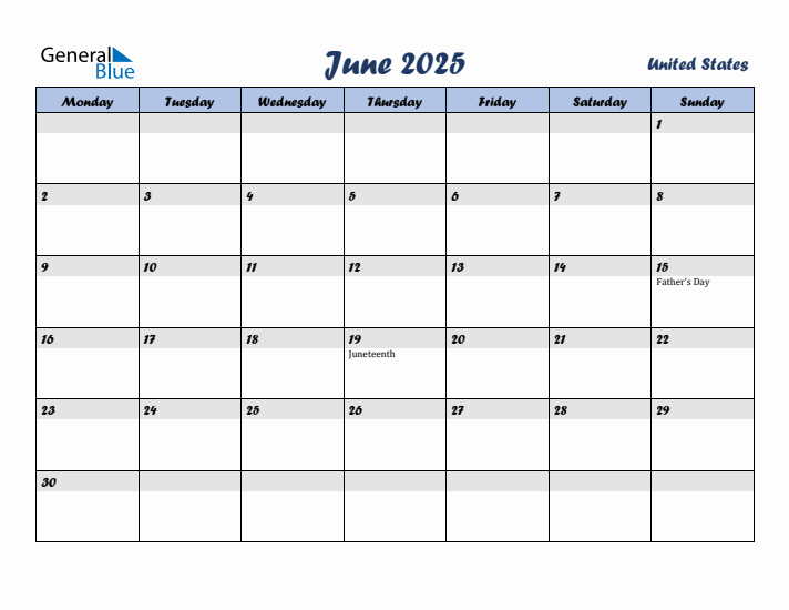 June 2025 Calendar with Holidays in United States