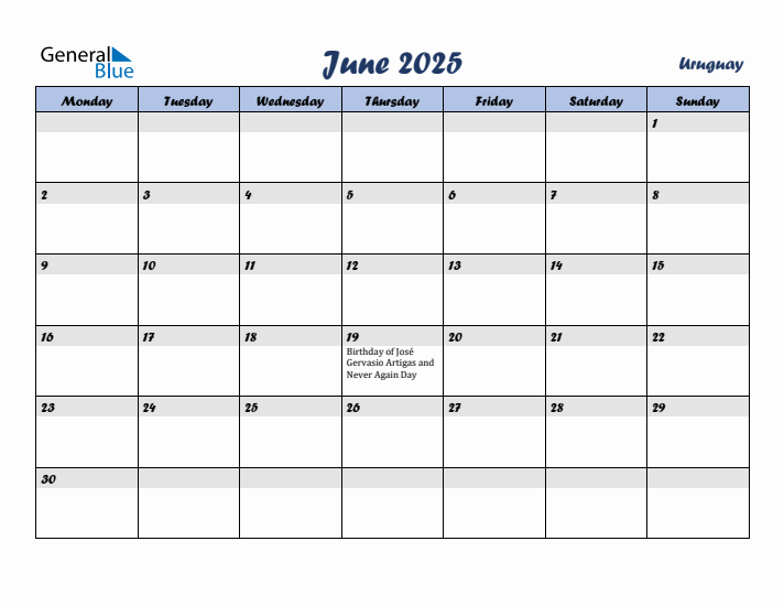 June 2025 Calendar with Holidays in Uruguay