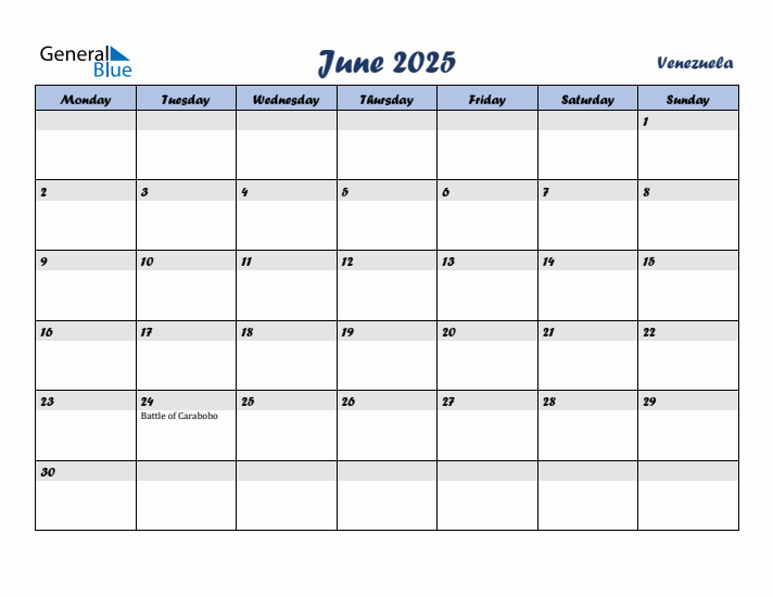 June 2025 Calendar with Holidays in Venezuela