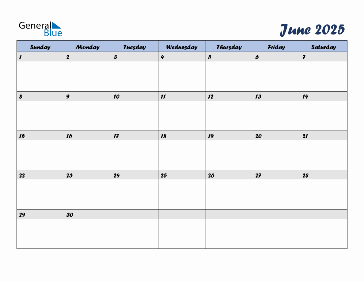 Free June 2025 Monthly Editable Calendar, starting on Sunday