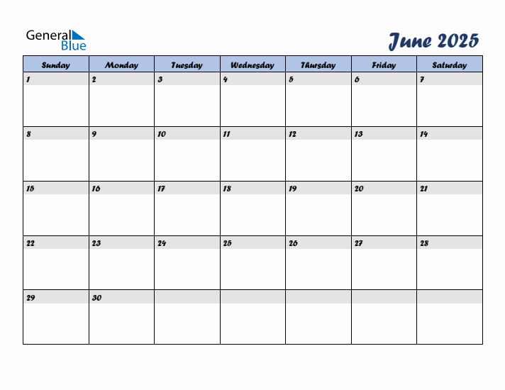 June 2025 Blue Calendar (Sunday Start)