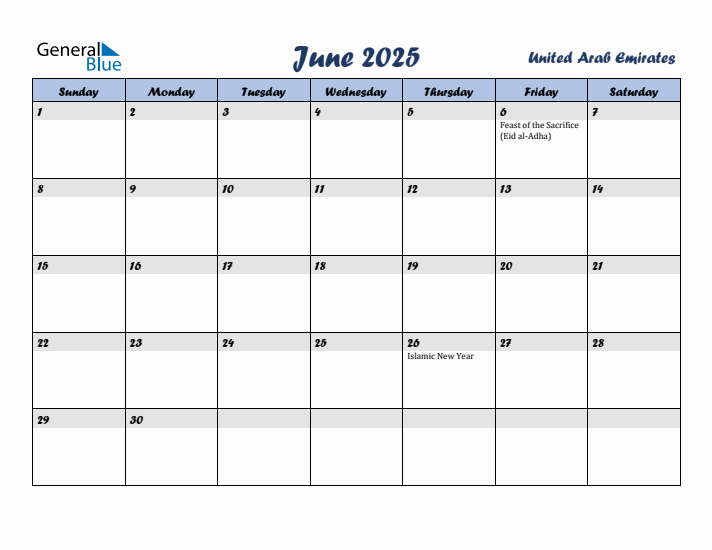 June 2025 Calendar with Holidays in United Arab Emirates