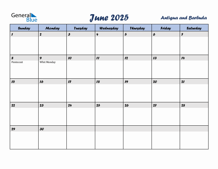 June 2025 Calendar with Holidays in Antigua and Barbuda