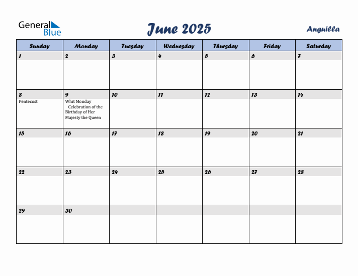 June 2025 Calendar with Holidays in Anguilla