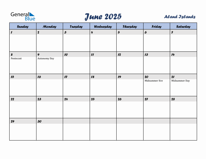 June 2025 Calendar with Holidays in Aland Islands