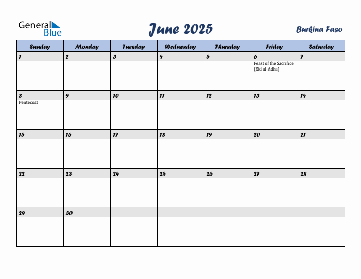 June 2025 Calendar with Holidays in Burkina Faso