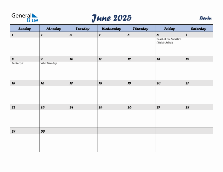 June 2025 Calendar with Holidays in Benin