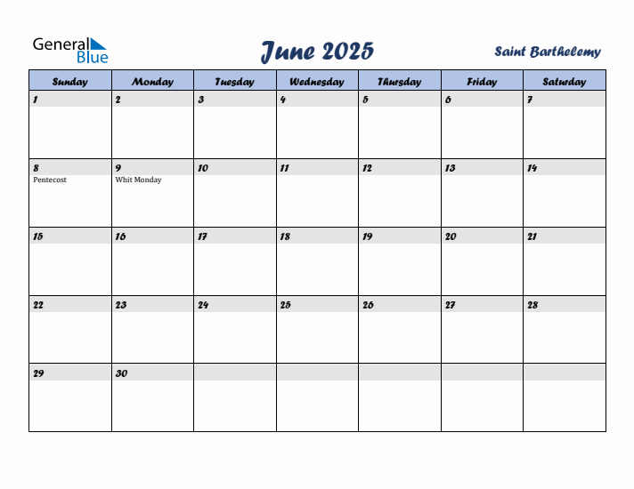 June 2025 Calendar with Holidays in Saint Barthelemy