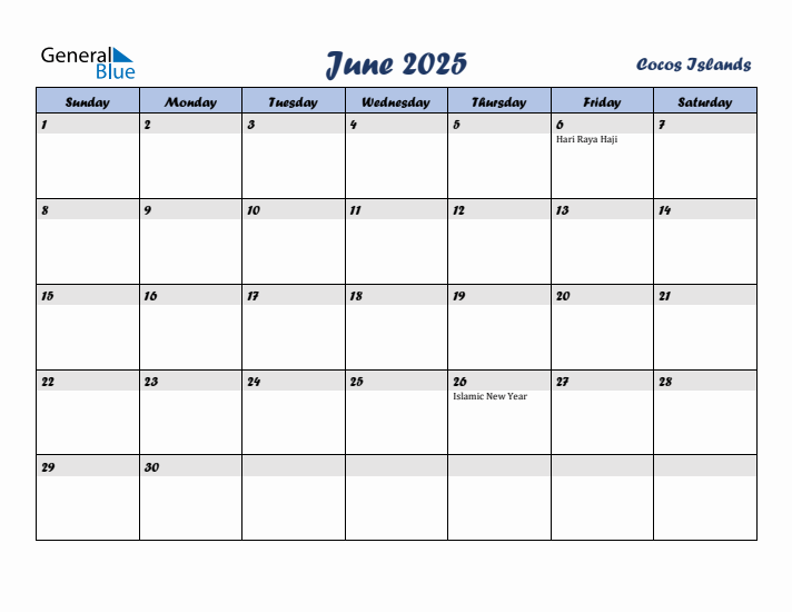 June 2025 Calendar with Holidays in Cocos Islands
