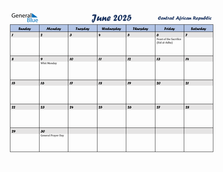 June 2025 Calendar with Holidays in Central African Republic