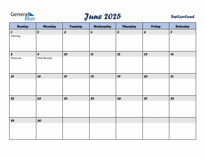 June 2025 Calendar with Holidays in Switzerland