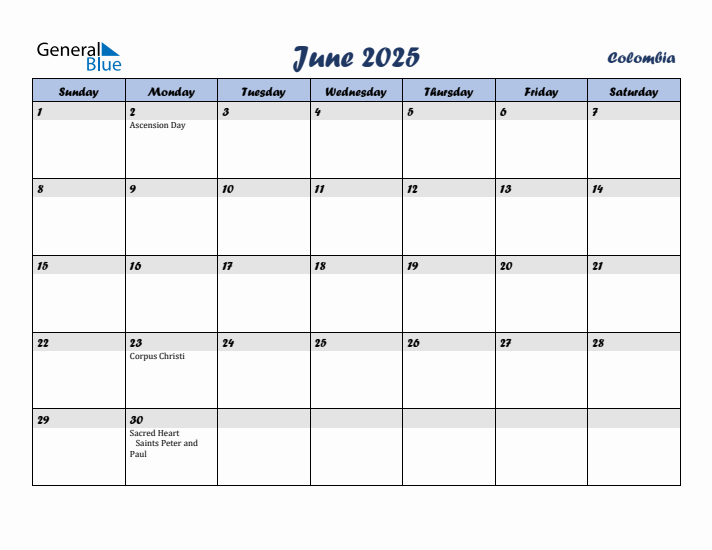 June 2025 Calendar with Holidays in Colombia