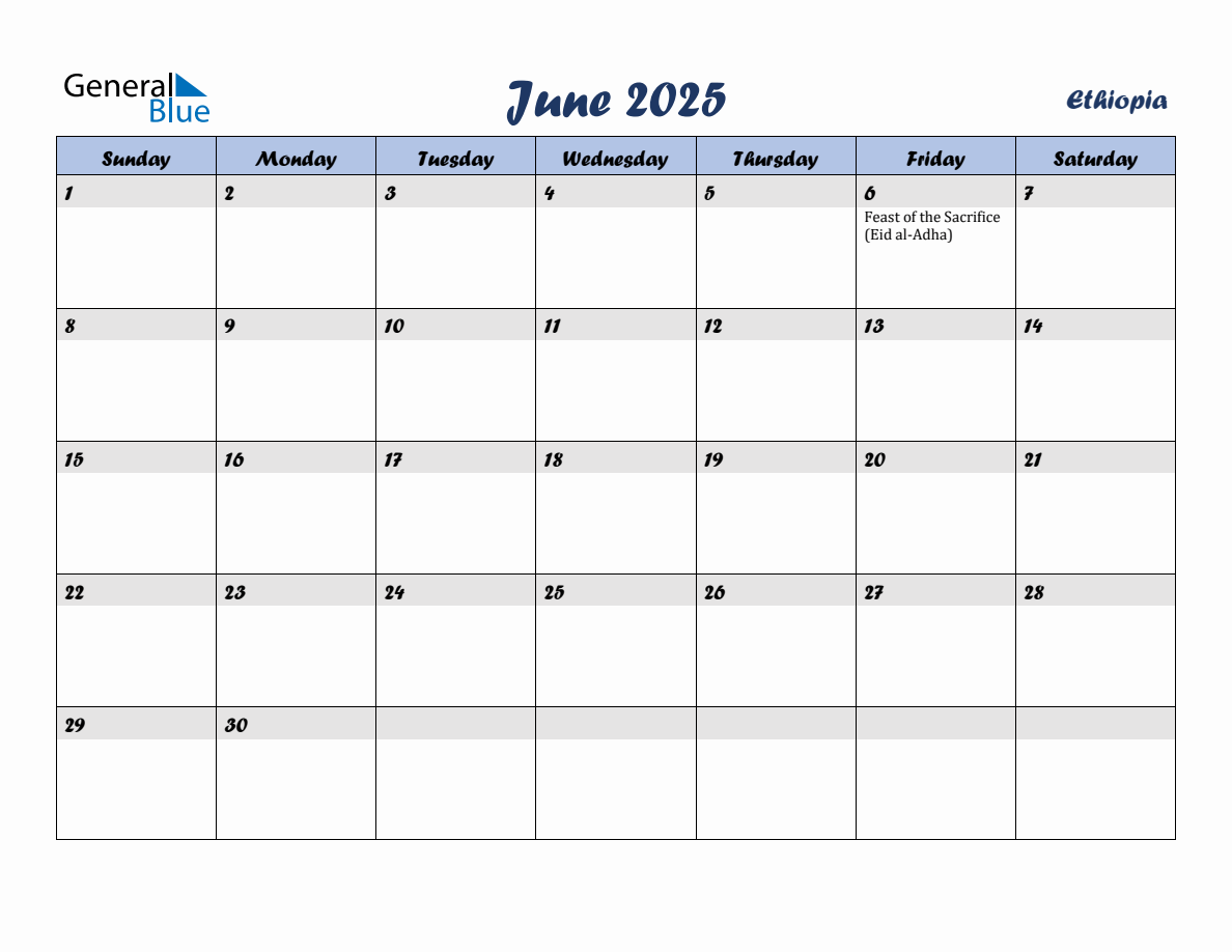 June 2025 Monthly Calendar Template with Holidays for Ethiopia