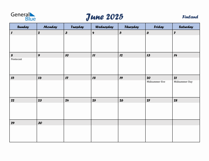 June 2025 Calendar with Holidays in Finland