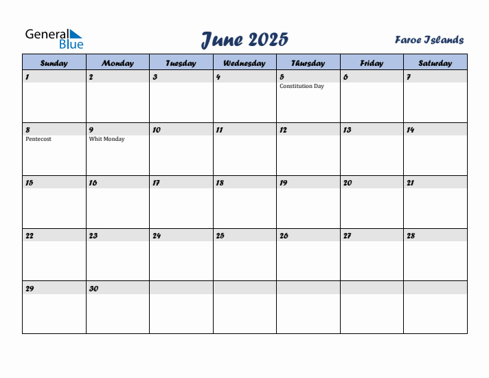 June 2025 Calendar with Holidays in Faroe Islands
