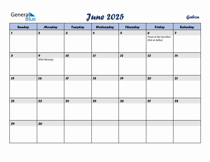 June 2025 Calendar with Holidays in Gabon