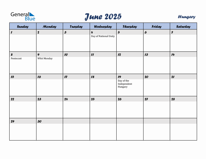 June 2025 Calendar with Holidays in Hungary