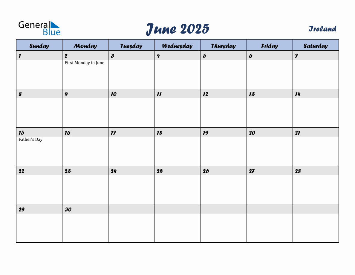 June 2025 Monthly Calendar Template with Holidays for Ireland