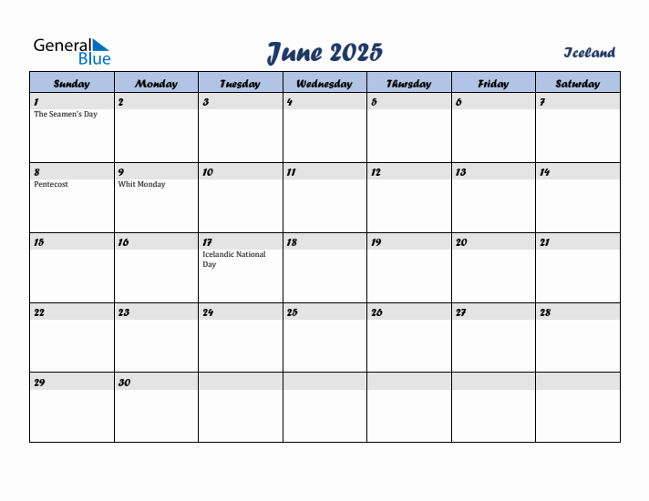 June 2025 Calendar with Holidays in Iceland