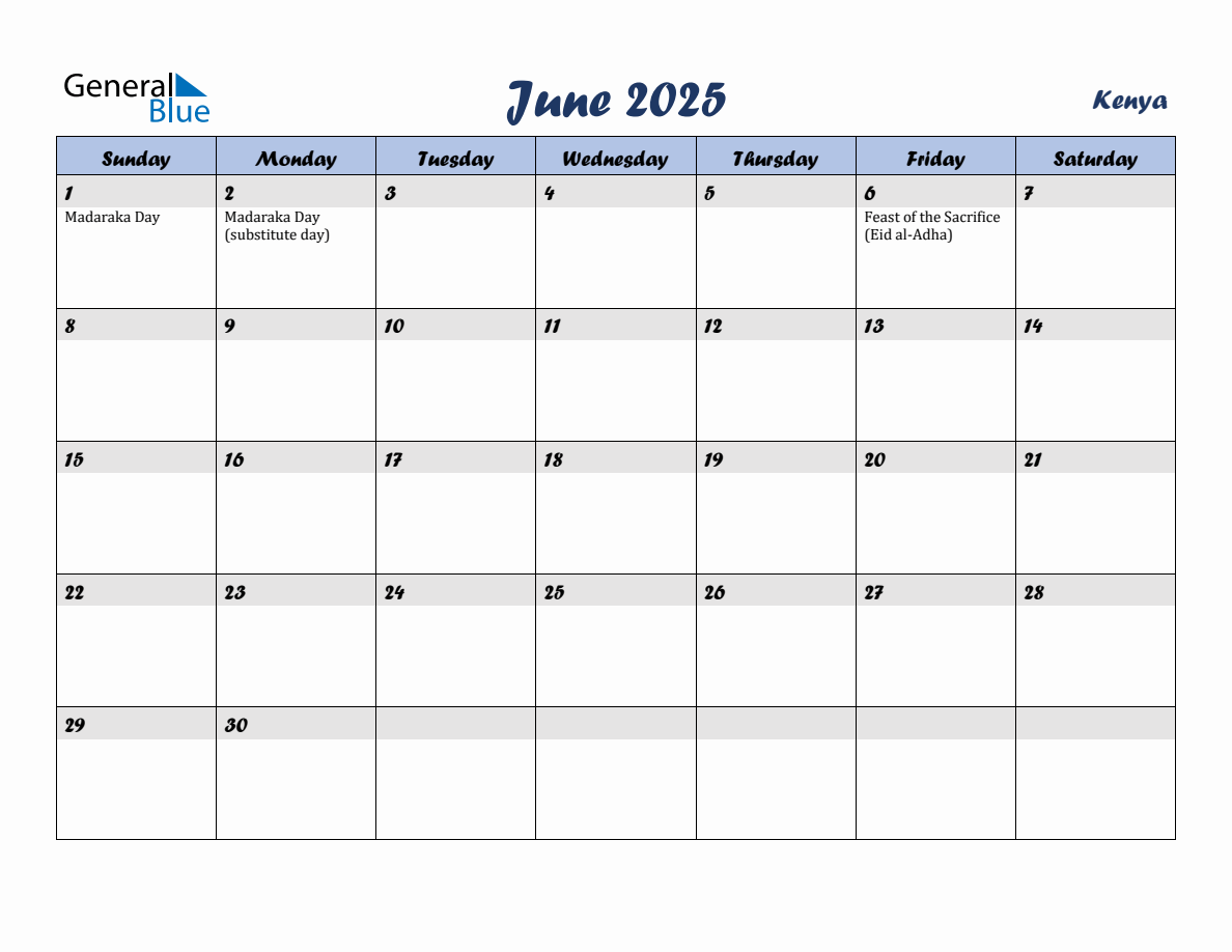 June 2025 Monthly Calendar Template with Holidays for Kenya