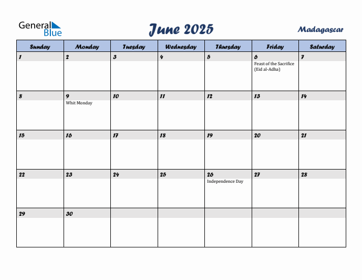 June 2025 Calendar with Holidays in Madagascar