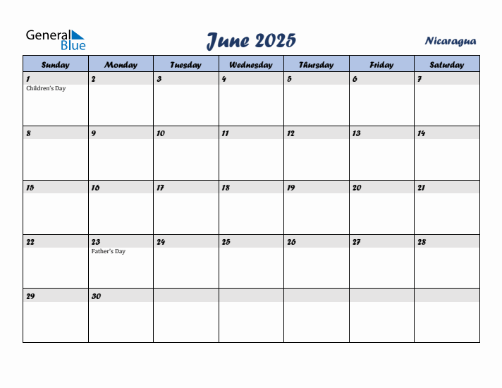 June 2025 Calendar with Holidays in Nicaragua