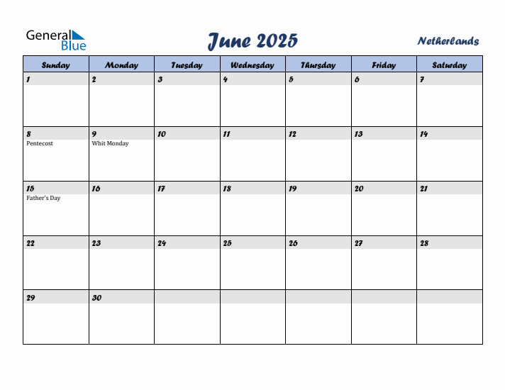 June 2025 Calendar with Holidays in The Netherlands