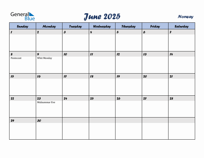June 2025 Calendar with Holidays in Norway