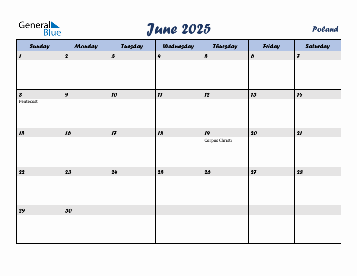 June 2025 Calendar with Holidays in Poland