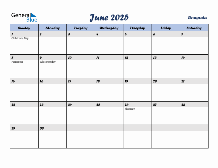June 2025 Calendar with Holidays in Romania