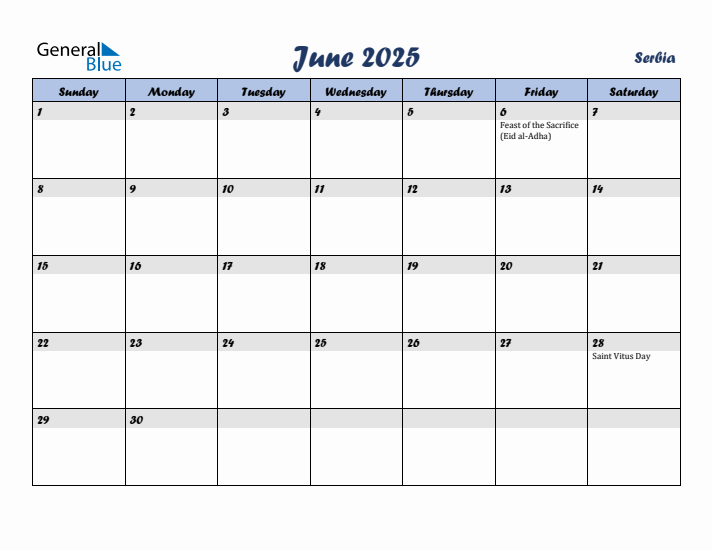 June 2025 Calendar with Holidays in Serbia