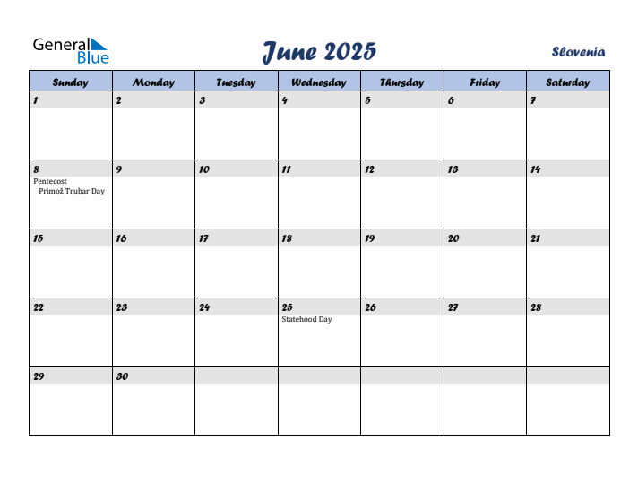 June 2025 Calendar with Holidays in Slovenia