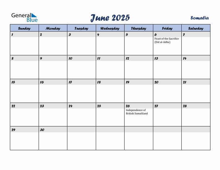 June 2025 Calendar with Holidays in Somalia
