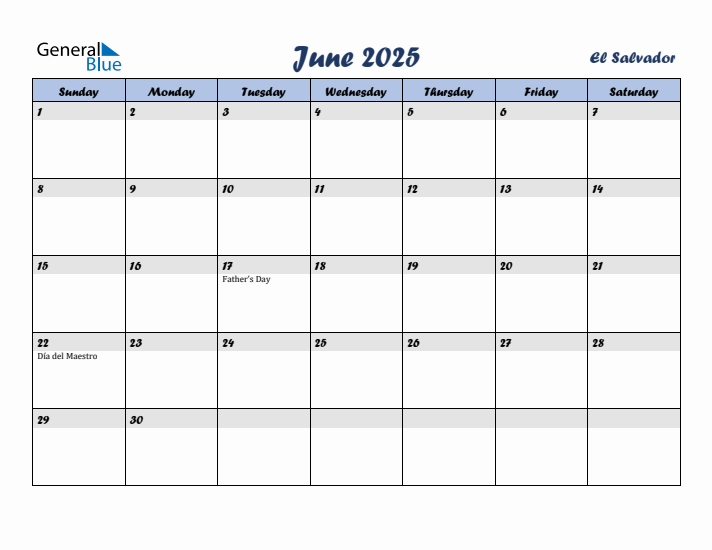 June 2025 Calendar with Holidays in El Salvador