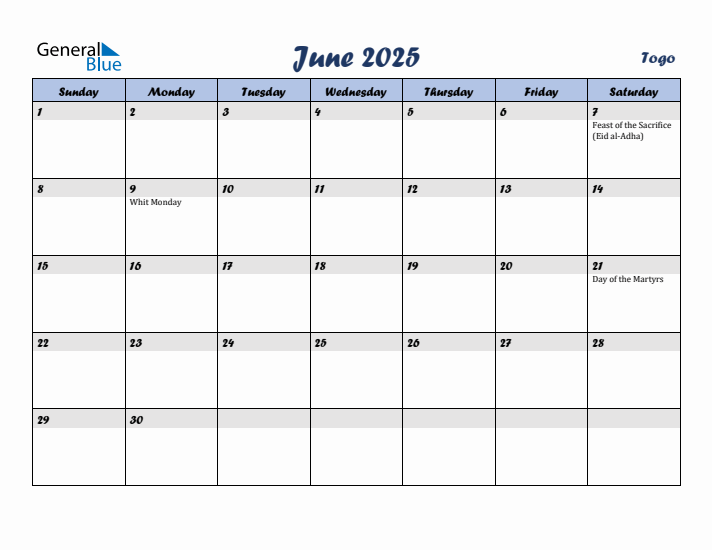 June 2025 Calendar with Holidays in Togo
