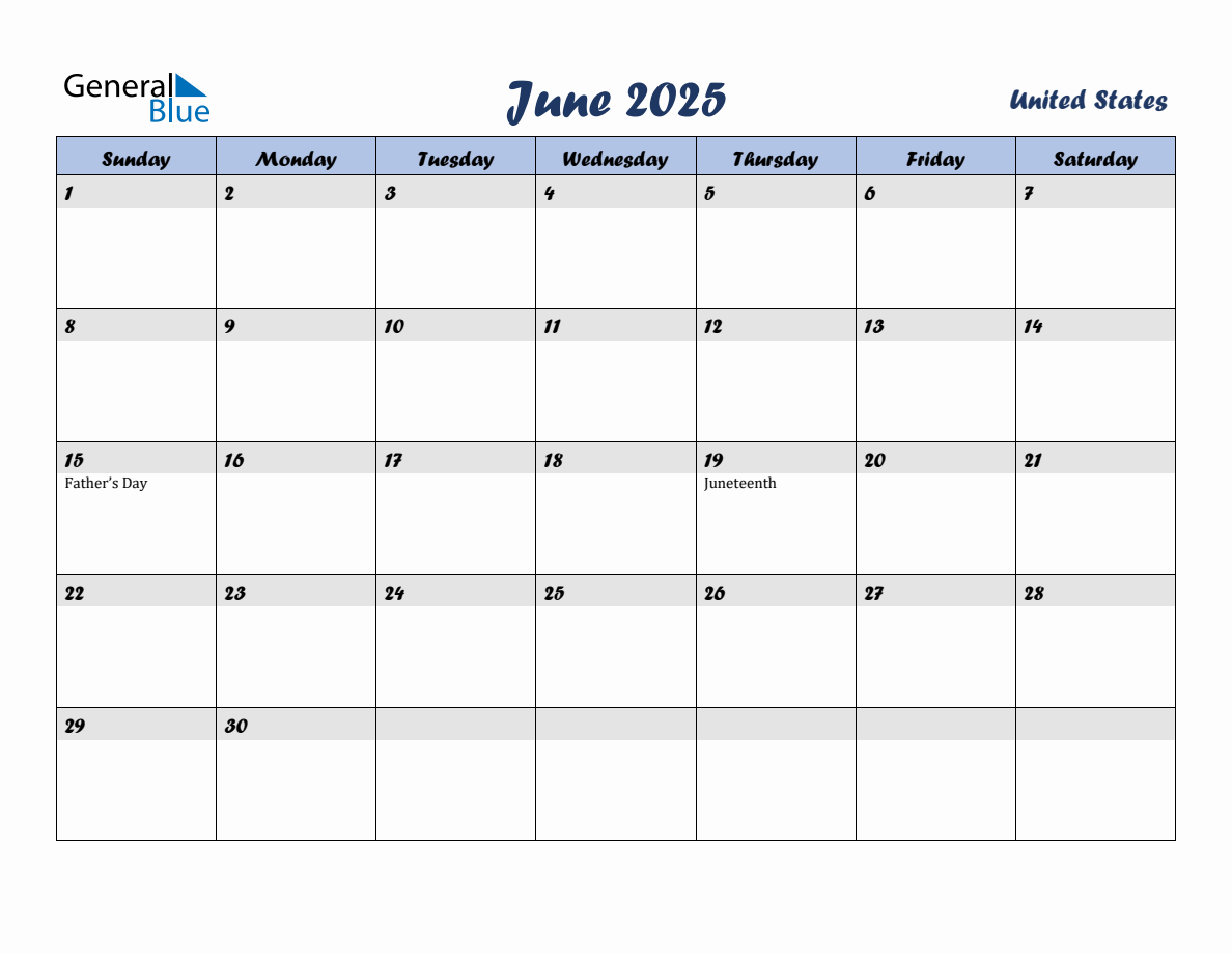 June 2025 Monthly Calendar Template with Holidays for United States