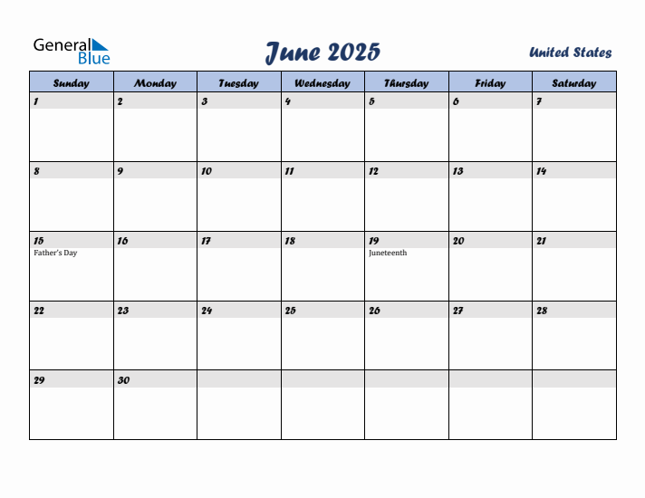 June 2025 Calendar with Holidays in United States