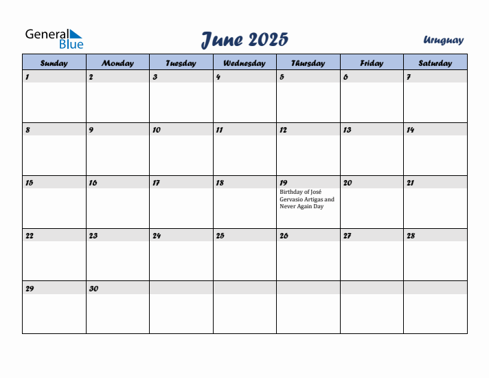 June 2025 Calendar with Holidays in Uruguay