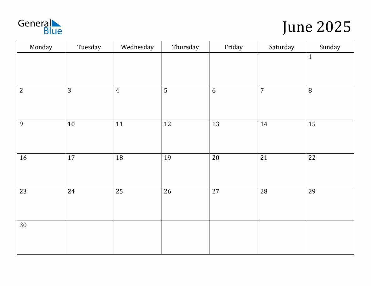 June 2025 Calendar with Monday Start