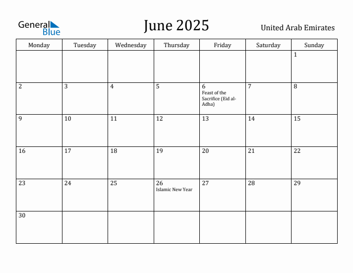 June 2025 Calendar United Arab Emirates