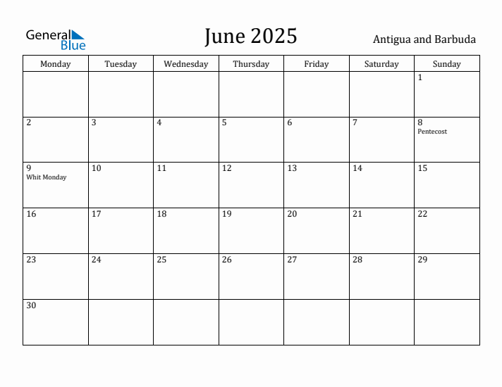 June 2025 Calendar Antigua and Barbuda