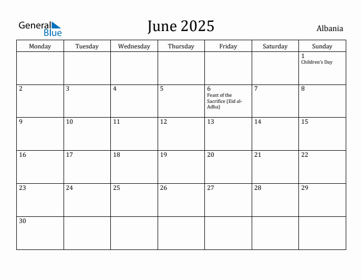June 2025 Calendar Albania