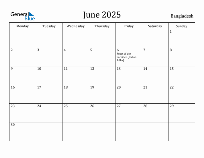 June 2025 Bangladesh Monthly Calendar with Holidays