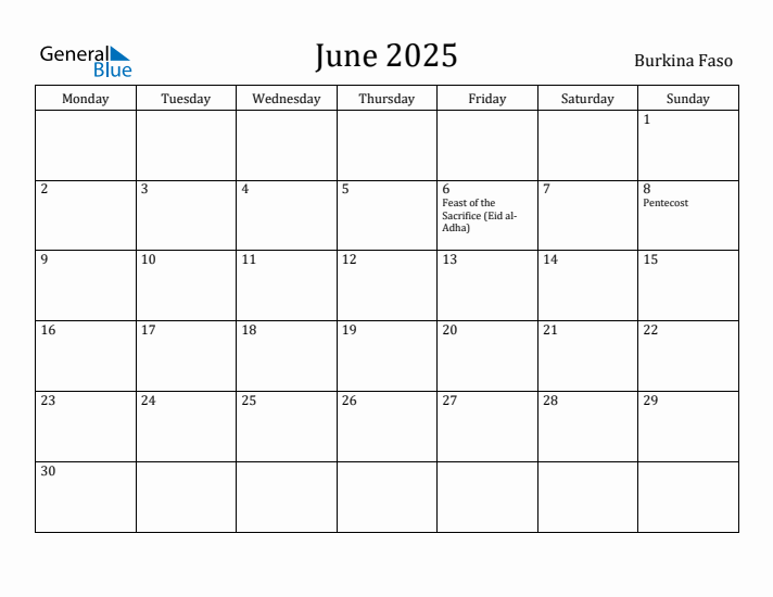 June 2025 Calendar Burkina Faso