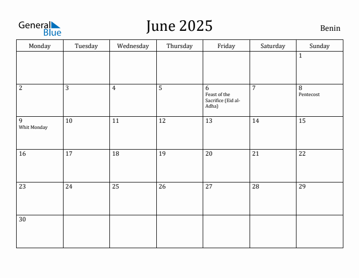 June 2025 Calendar Benin