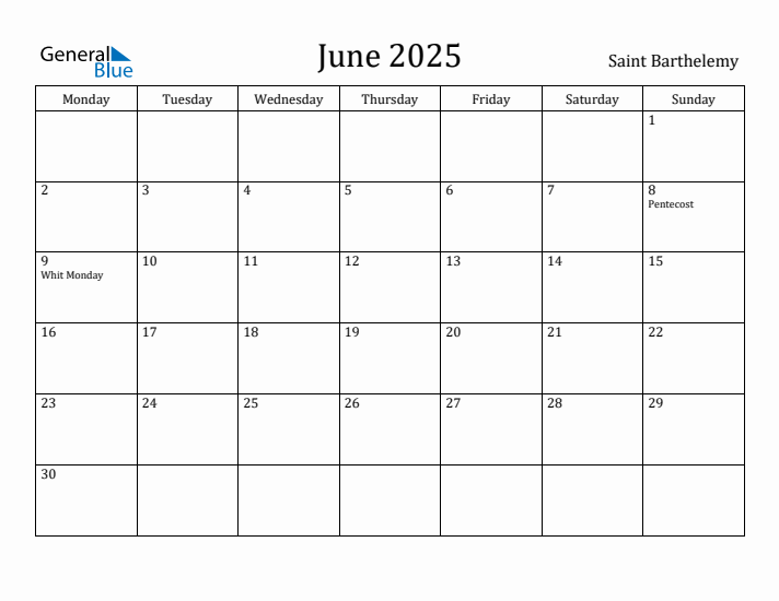 June 2025 Calendar Saint Barthelemy