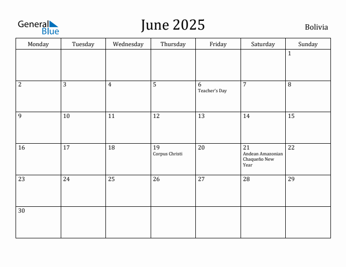 June 2025 Calendar Bolivia